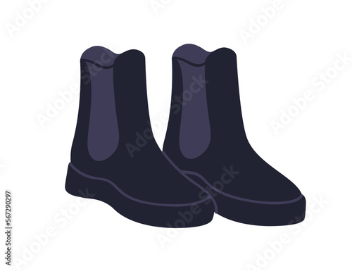 Chelsea boots. Fashion stylish footwear. Winter shoes in modern trendy style. Unisex ankle-high leather foot wear with elastic side panel. Flat graphic vector illustration isolated on white background