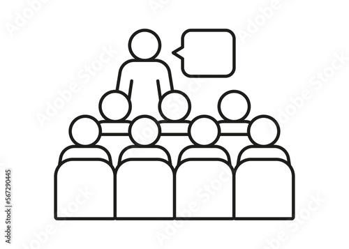 Lector man speech on conference with audience spectator, line icon. Speaker by leader, teacher talking before of people spectators back. Vector