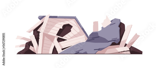 Damaged broken building. Fallen destroyed house. Ruined construction after tornado. Crushed demolished dwelling. Shattered residential home. Flat vector illustration isolated on white background