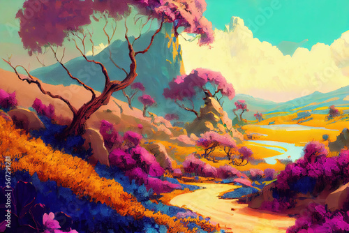 Spring landscape with hiking trail with flowers and mountains (Generative AI)