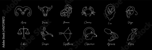 Astrology symbol zodiac signs horoscope set in line art style on black background