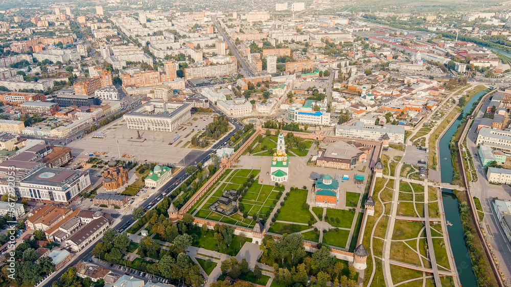 Tula, Russia. Tula Kremlin, Kazanskaya embankment. General panorama of the city from the air, Aerial View