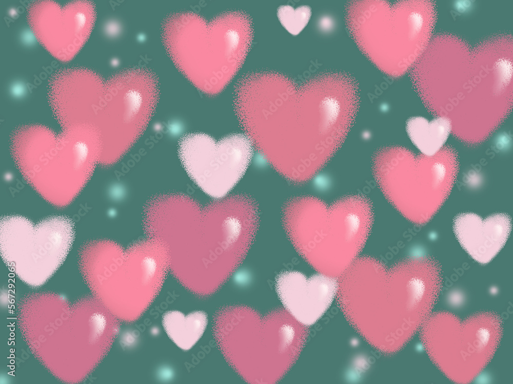 Illustration of a lot pink hearts on a green background