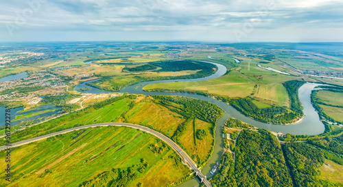 Ryazan, Russia. The Trubezh River and the Oka River. Historical natural landscape Protected meadow. Aerial view