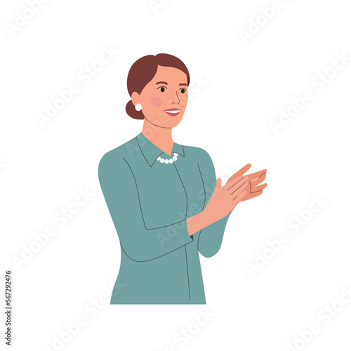 Young woman clapping hands thanking or showing appreciation at event.  Vector cartoon flat style illustration