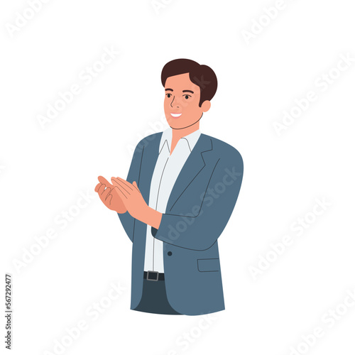 Young man clapping hands thanking or showing appreciation at event.  Vector cartoon flat style illustration