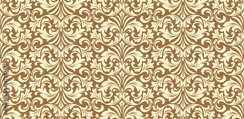Wallpaper in the style of Baroque. Seamless vector background. Gold and beige floral ornament. Graphic pattern for fabric, wallpaper, packaging. Ornate Damask flower ornament