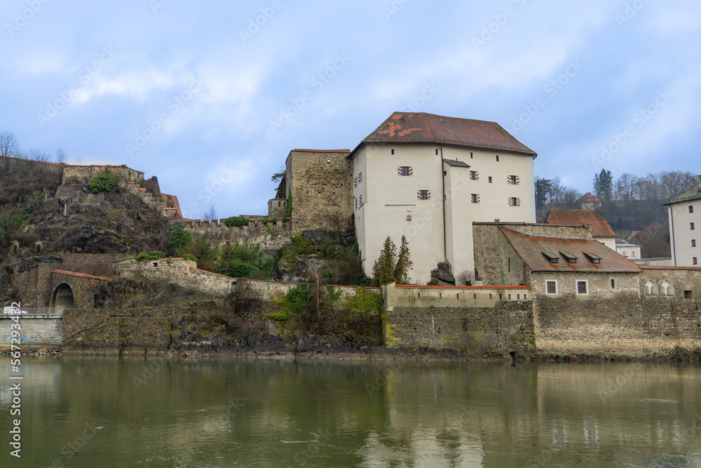 Niederhaus Castle in Passau, Germany, on a rocky promontory where the Danube and Ilz meet