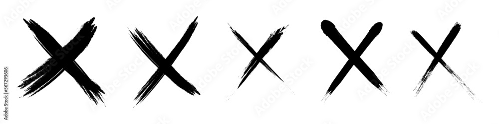 Fototapeta premium Crossed brush strokes. X black mark set. Cross sign graphic symbol. Vector illustration isolated on white background.
