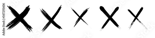 Crossed brush strokes. X black mark set. Cross sign graphic symbol. Vector illustration isolated on white background.
