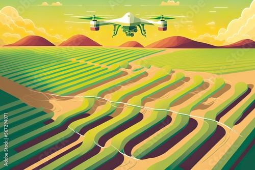 Illustration of agricultural fields and drone flying above farmland. Concept of modern technologies in agriculture. Generative AI