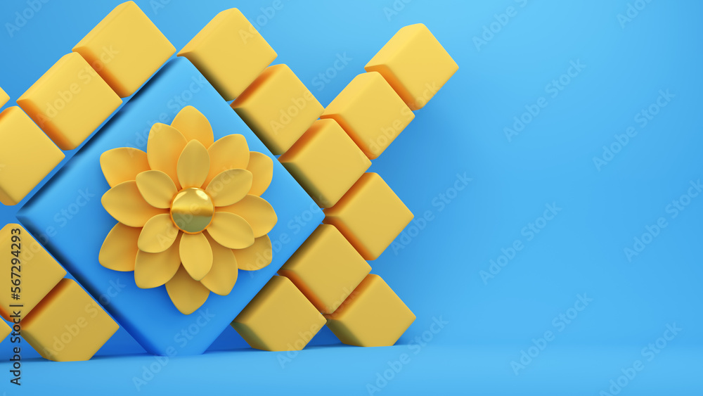 Abstract background with cubes and flowers. Ukraine color style