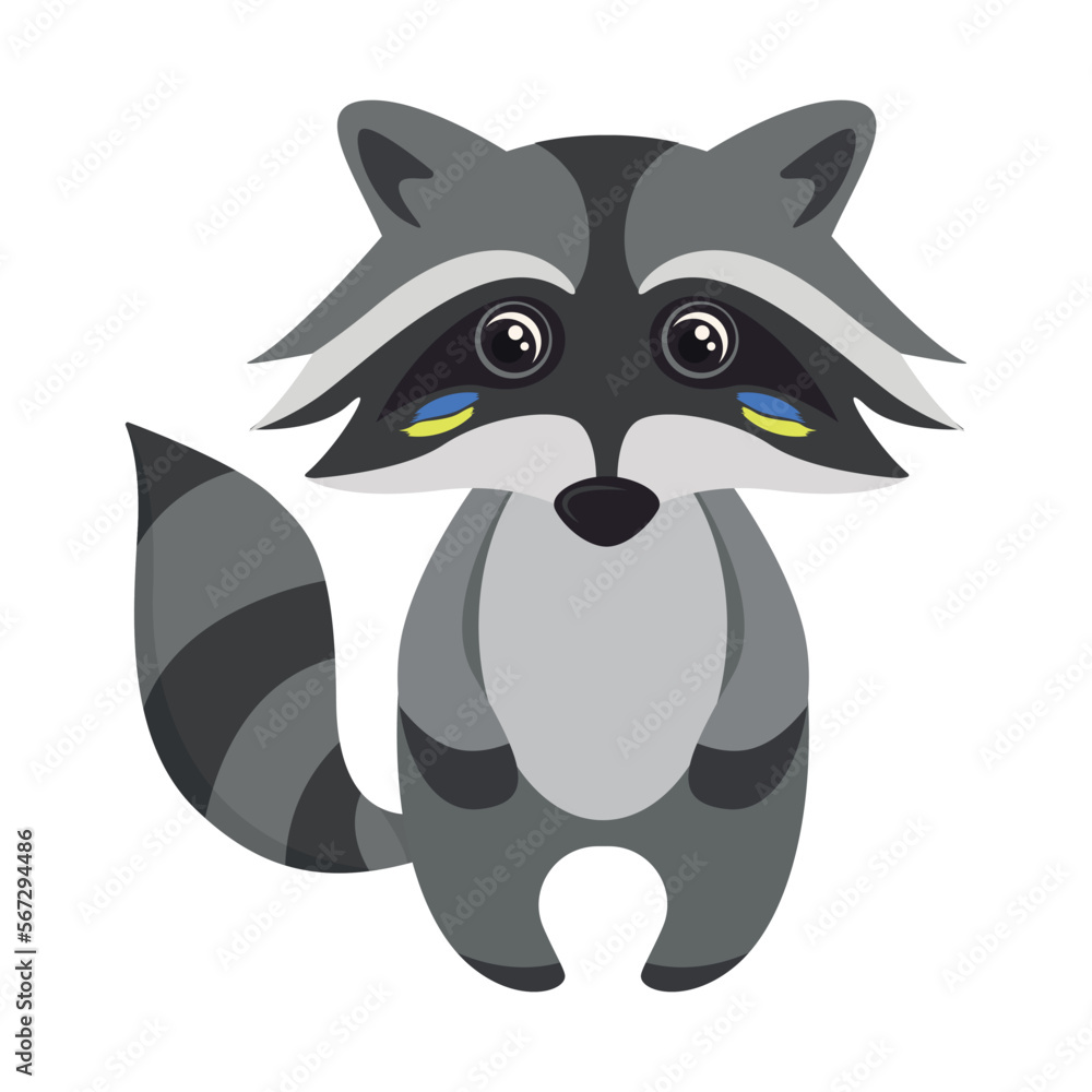 Cute Little ukranian Cartoon Raccoon. Character illustration design isolated on white Background. For kids apparel,fabric, textile, nursery decoration,wrapping paper. Vector. Ukranian flag.