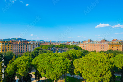 Cityscape and a Park with trees over Rome in a Sunny Day in Lazio, Italy.