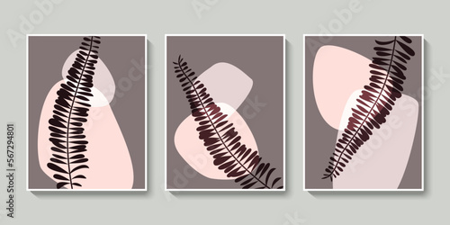 Modern abstract poster set with fern leaf and geometric shapes. Minimalist style botanical wall art. Minimal natural pattern in neutral colors. Isolated flat vector illustrations
