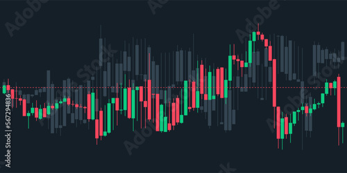 Japanese candlestick graph charts on dark background with dash line. Market investment. Forex trading, stock exchange and crypto price technical analysis vector illustration. Traders tool