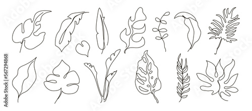 Outline minimalist tropical leaves set. One continuous line art tropic leaf collection. Monstera, banana, philodendron foliage. Vector hand drawn black illustration isolated on white background