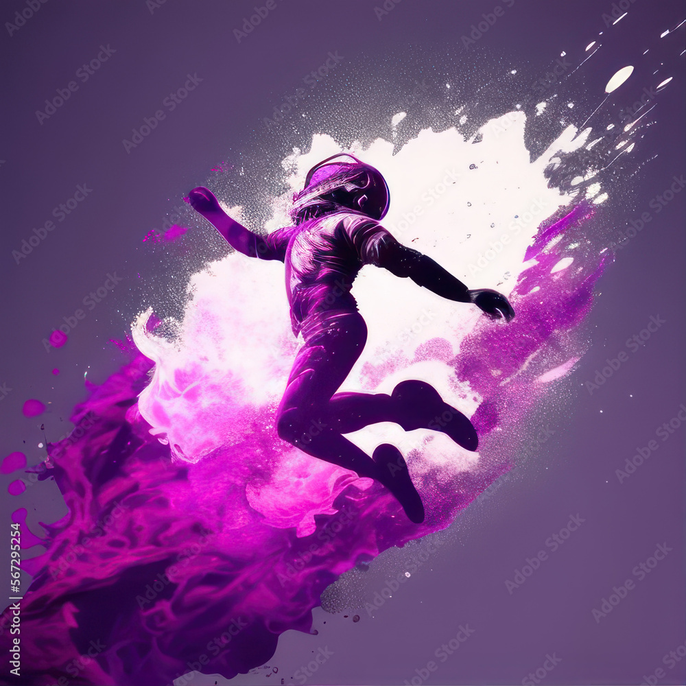 a woman in a space suit is flying through the air and background of white pink smoke and paint concept Generative AI