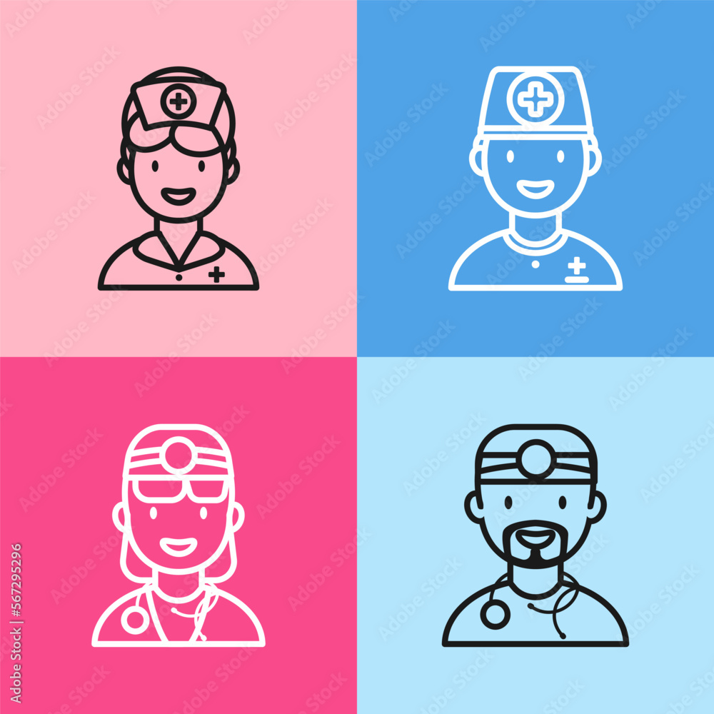 Doctor and Nurse Line Icons set. Female and male Physician, Doctor or Nurse avatar set. Vector illustration.