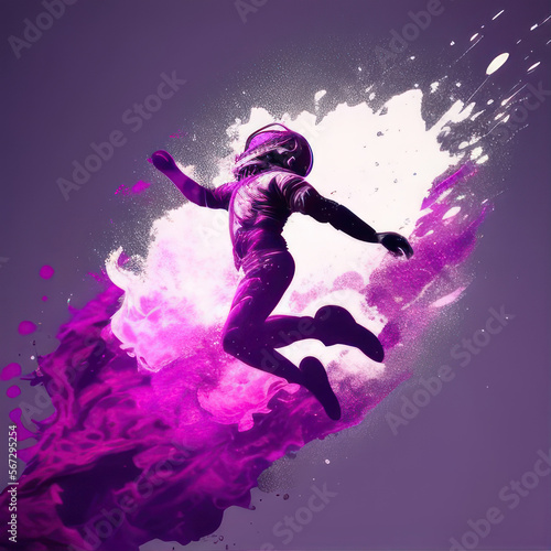 a woman in a space suit is flying through the air and background of white pink smoke and paint concept Generative AI © Bedirhan
