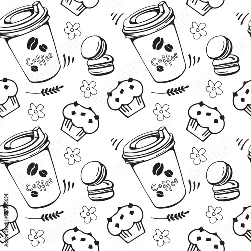 Disposable paper cup with hot coffee, Muffin with chocolate chips, Two fresh stuffed macaroons, flowers linear sketch black and white isolated on white background seamless pattern