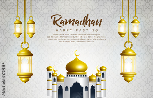 elegant happy ramadan kareem 2023 banner with elegant islamic ornament and abstract gradient white and grey background design