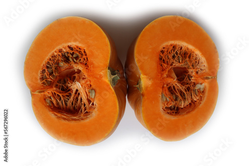 Cut in half Musque de provence or fairytale orange pumpkin isolated on white background. Cucurbita moschata on white