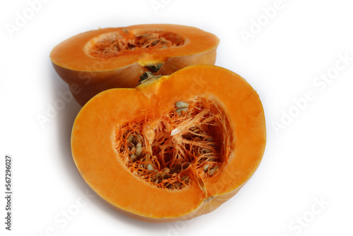 Cut in half Musque de provence or fairytale orange pumpkin isolated on white background. Cucurbita moschata on white