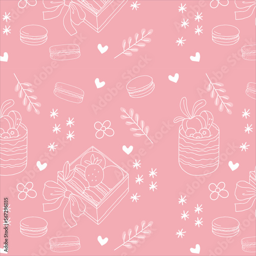 Vector seamless pattern with confectionery, desserts and decorative elements in cartoon style white on pink background. For textiles, wallpapers, wrapping paper, backgrounds