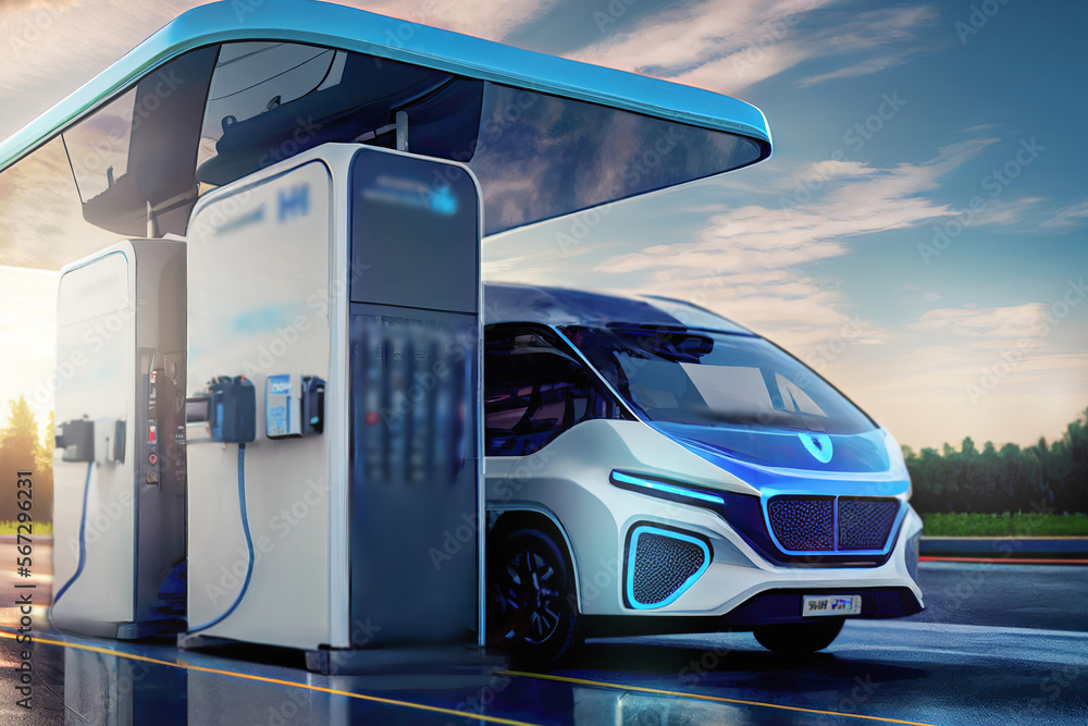 At a sleek and modern hydrogen fueling station, a compact minibus pulls ...
