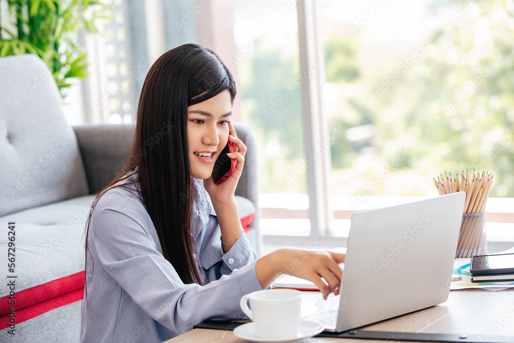 Young Cute Woman feels happy while video call Meeting on Work For Home. Young Cute Woman feels happy while video call Meeting on Work For Home.