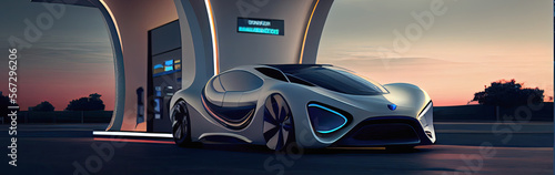 Breathtaking panoramic view captures a magnificent supercar, sleek and shining, parked at a modern designer gas station with clean, smooth lines. the warm light illuminates the electric vehicle, ai 
