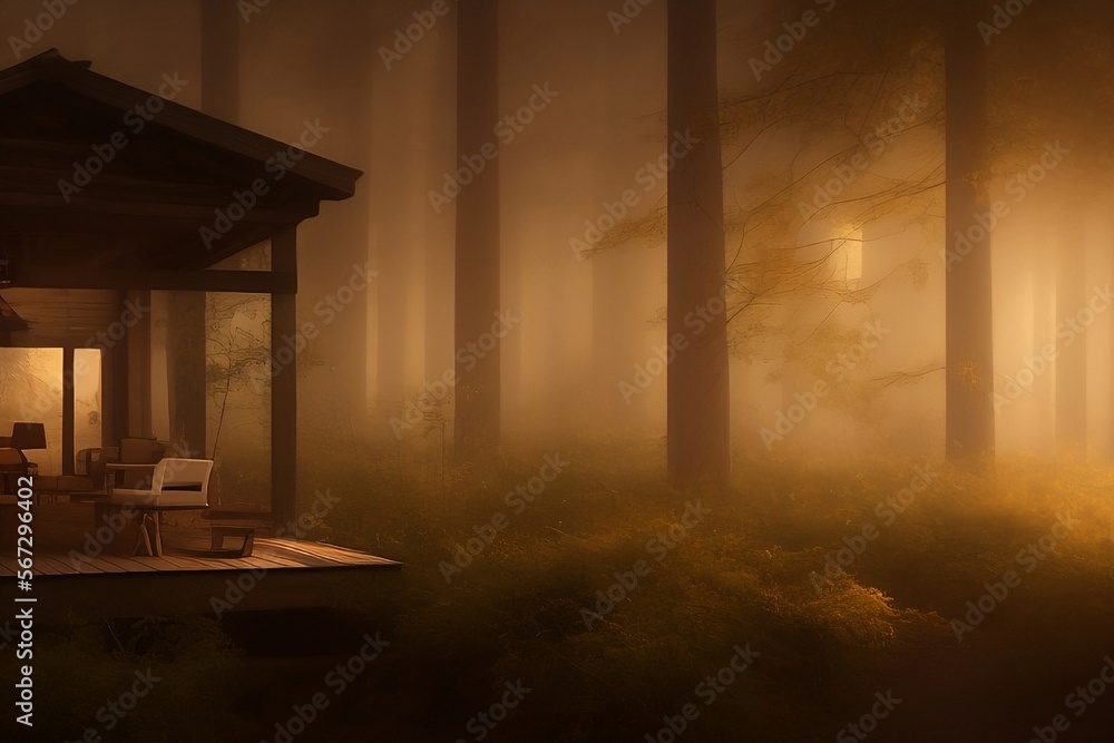 Quiet place, wood cabin in the forest with yellow brown fog Quiet place, wood cabin in the forest with yellow brown fog