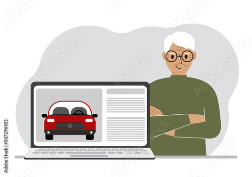 The concept of renting or buying a car. A grandfather, with a laptop on which site about the car.