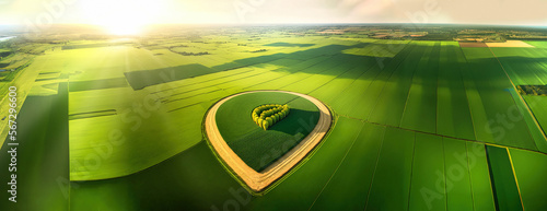 Fényképezés wide banner Aerial view of cultivated agricultural farming land with vivid green