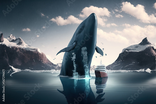 A moment as the big whale swims through the calm waters between mountains with a ship floating on the lake. International day of a whale. Generative AI