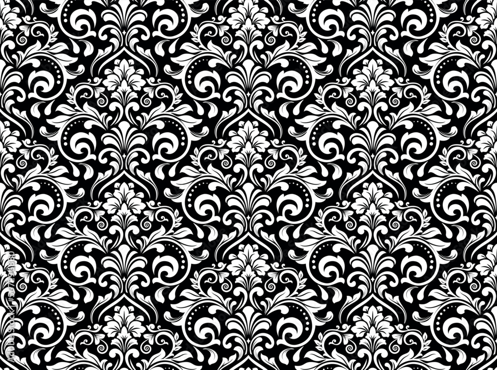 Wallpaper in the style of Baroque. Seamless vector background. White and black floral ornament. Graphic pattern for fabric, wallpaper, packaging. Ornate Damask flower ornament - obrazy, fototapety, plakaty 