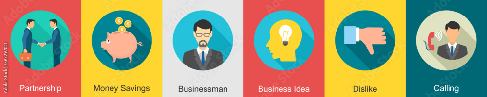 A set of 6 Business icons as partnership, money savings, businessman