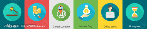 A set of 6 Business icons as auction, search money, global location
