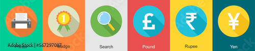 A set of 6 Business icons as printer, badge, search