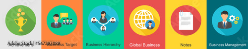 A set of 6 Business icons as achievement, business target, business hierarchy