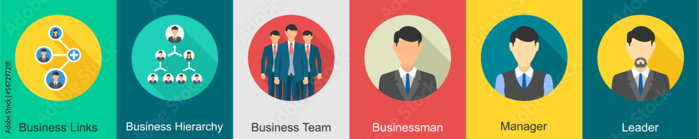 A set of 6 Business icons as business links, business hierarchy, business team A set of 6 Business icons as business links, business hierarchy, business team