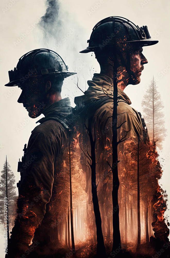 Firefighters, burning forest,double exposure. Generative AI. Firefighters, burning forest,double exposure. Generative AI.
