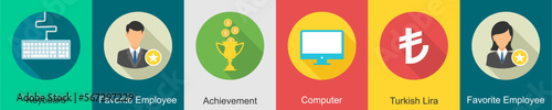 A set of 6 Business icons as keyboard, female employee, achievement