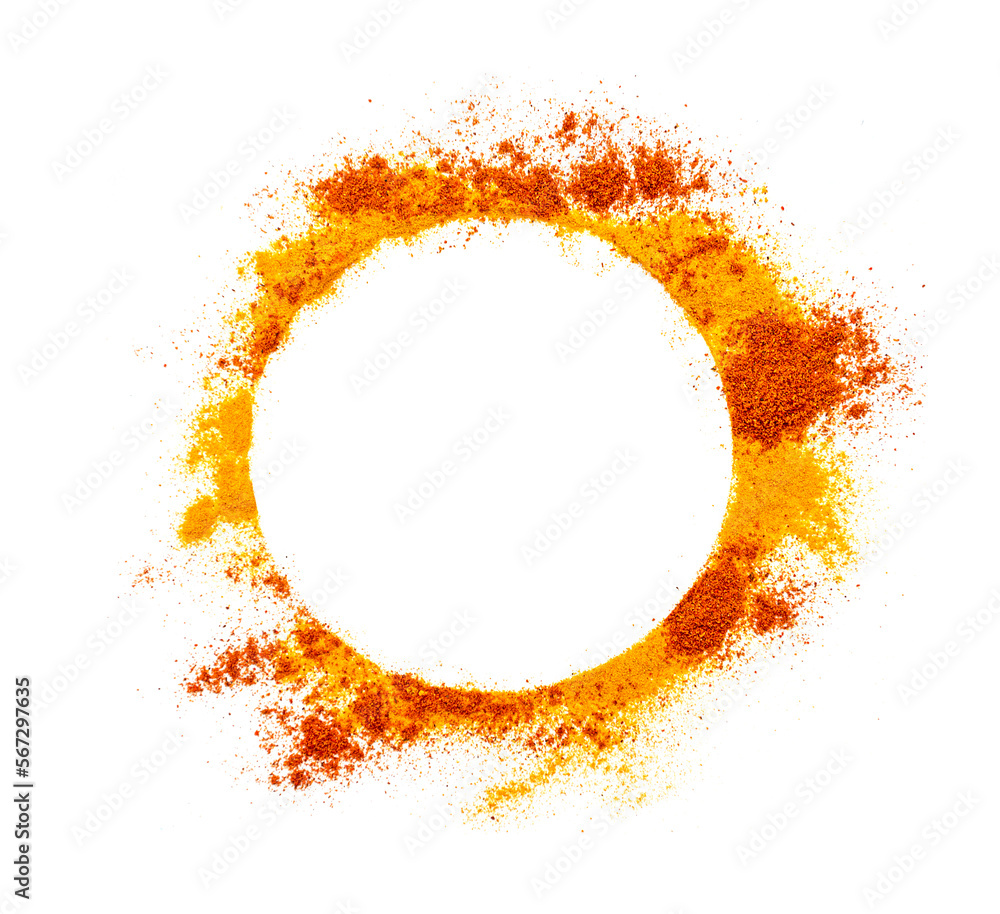 Mix of paprika and turmeric or curcuma isolated on round white blank frame, space for text, design for menu Mix of paprika and turmeric or curcuma isolated on round white blank frame, space for text, design for menu
