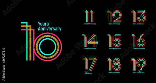 10th anniversary set 11 12 13 14 15 16 17 18 19 vector template. Designs for birthday parties, greeting cards and invitations.