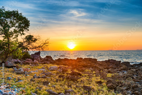 Sea beach sunset landscape with sunset sun on blue sea and green tree