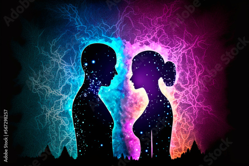 Siluetas de hombre y mujer con colores y textura neón, en concepto de conexión espiritual espacial astral galáctica, generative ai.