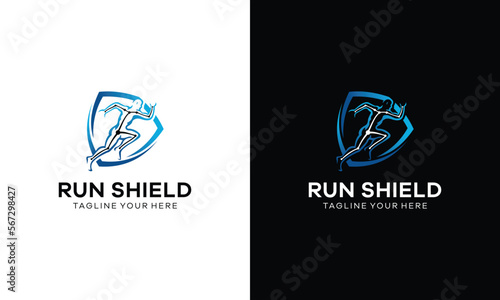 Logo Run with Shield / security tech Icon Design Element. On a black and white background.