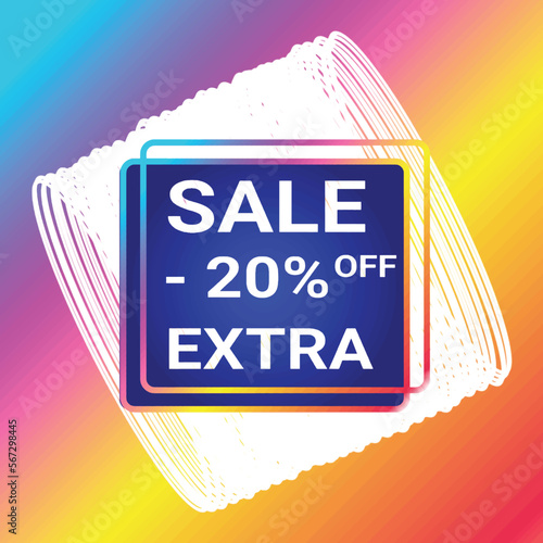 sale 20% off extra shop now sign holographic blue over art white round bangles shapes on colorful gradient background Vector illustration